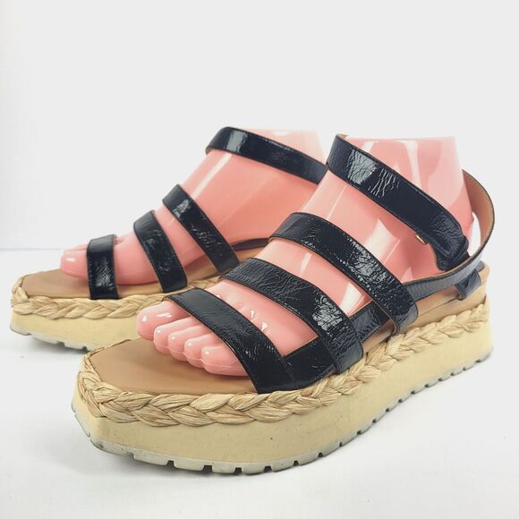 PALOMA BARCELO Black leather platform sandal woven raffia Size 39 - Picture 1 of 15